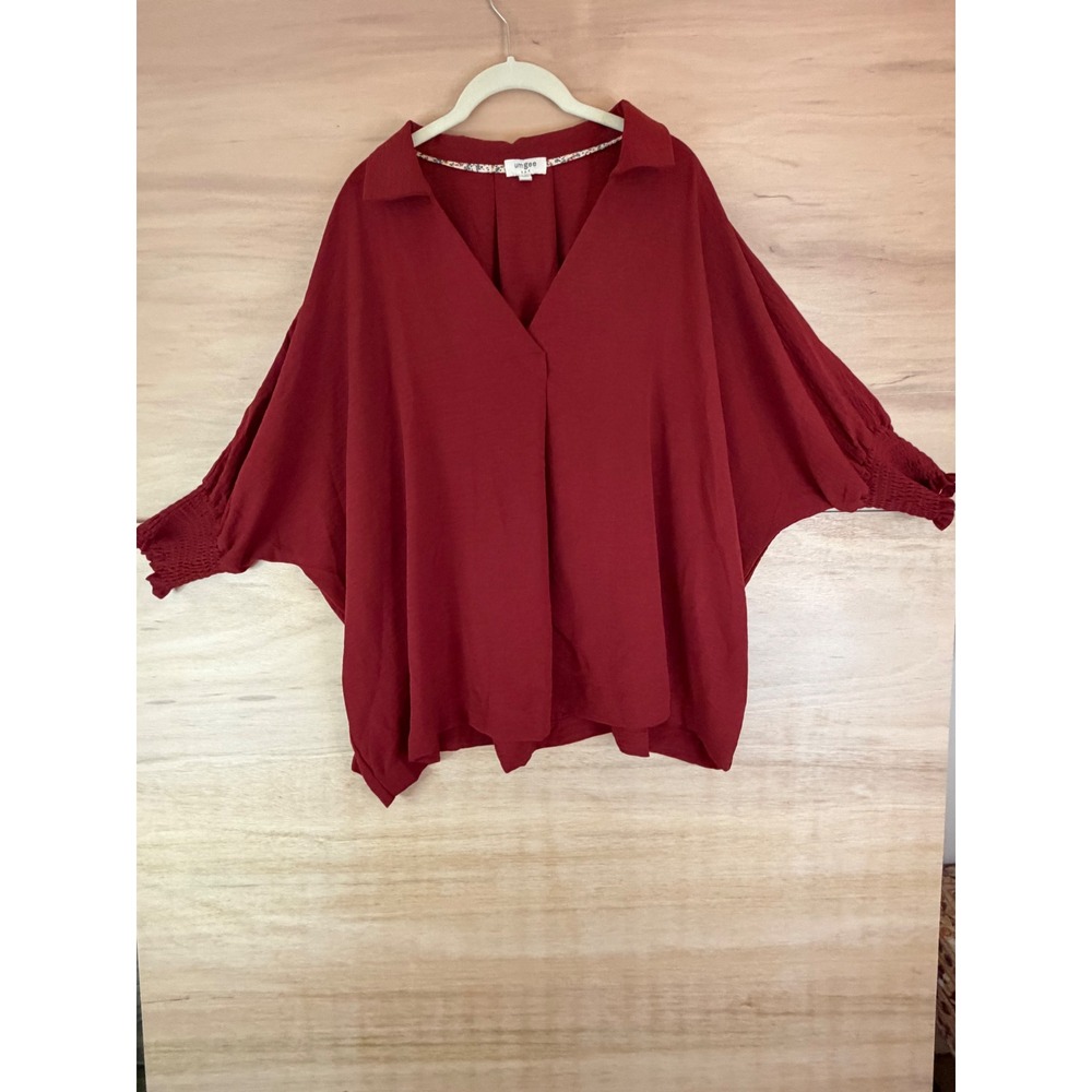 Umgee Burgundy Oversized Dolman Smocked Cuff V-Neck Blouse K7444 Red Large